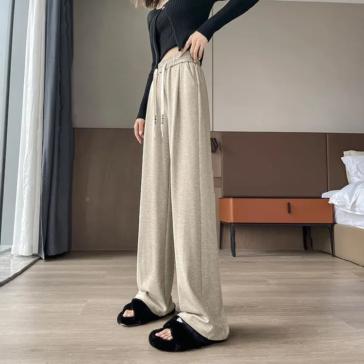 杜拉妮糯米窄版阔腿裤女2025新款春秋高腰宽松垂感卡其色针织休闲