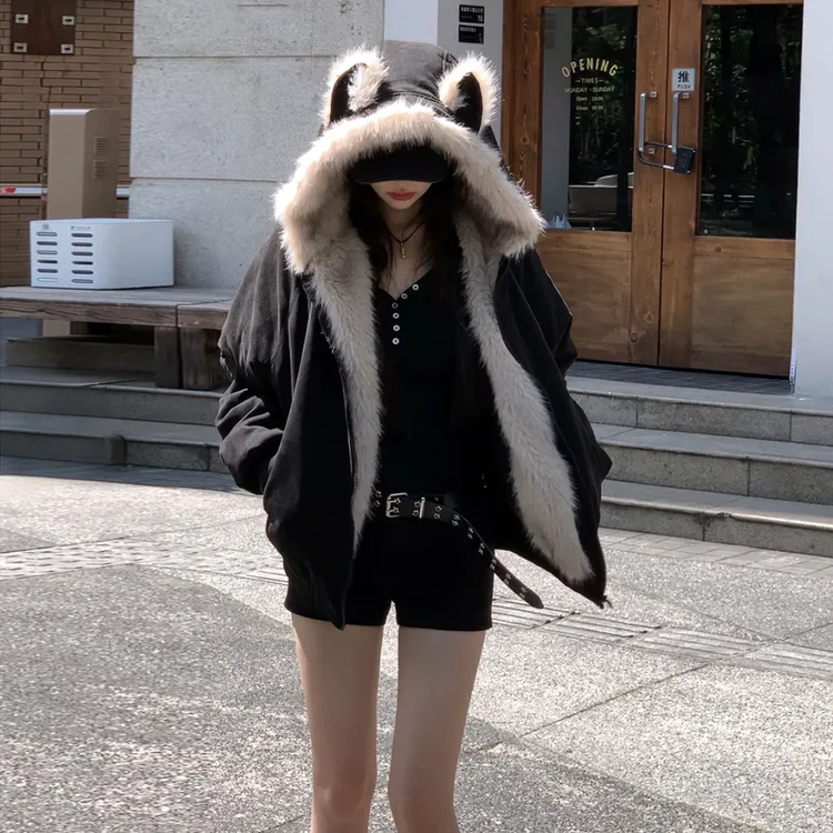 控128+鹿皮绒冬季加绒派克服短款服仿兔毛连帽棉衣外套美式复古