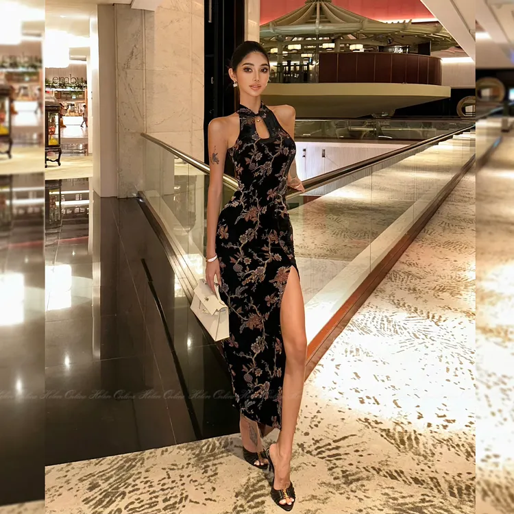 HELEN/新中式复古气质丝绒烧花裙女高级感镂空盘扣开衩旗袍裙Q596