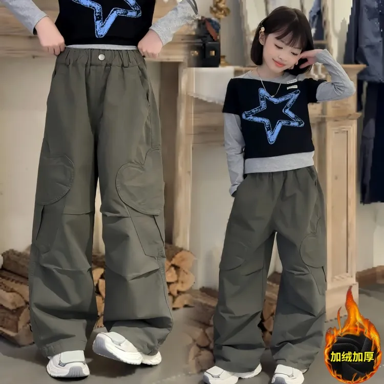女童冬季套装2025新款韩版假两件上衣儿童中大童加绒工装裤两件套