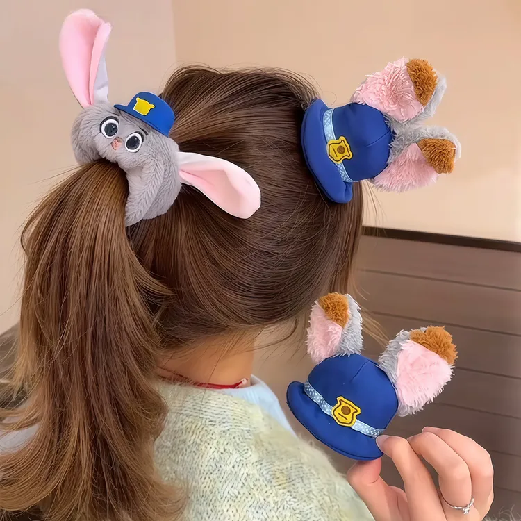 秋冬毛绒疯狂城朱迪警官发圈发饰动物系列头绳发卡卡通帽子顶夹女