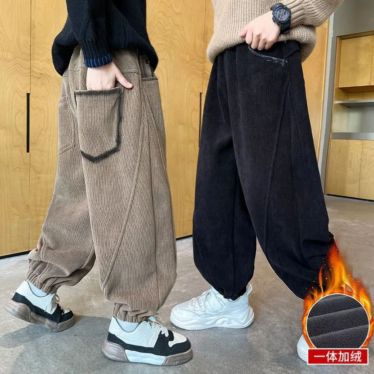 男童加绒裤子冬季中大儿童休闲一体绒束脚裤男孩束脚保暖运动卫裤