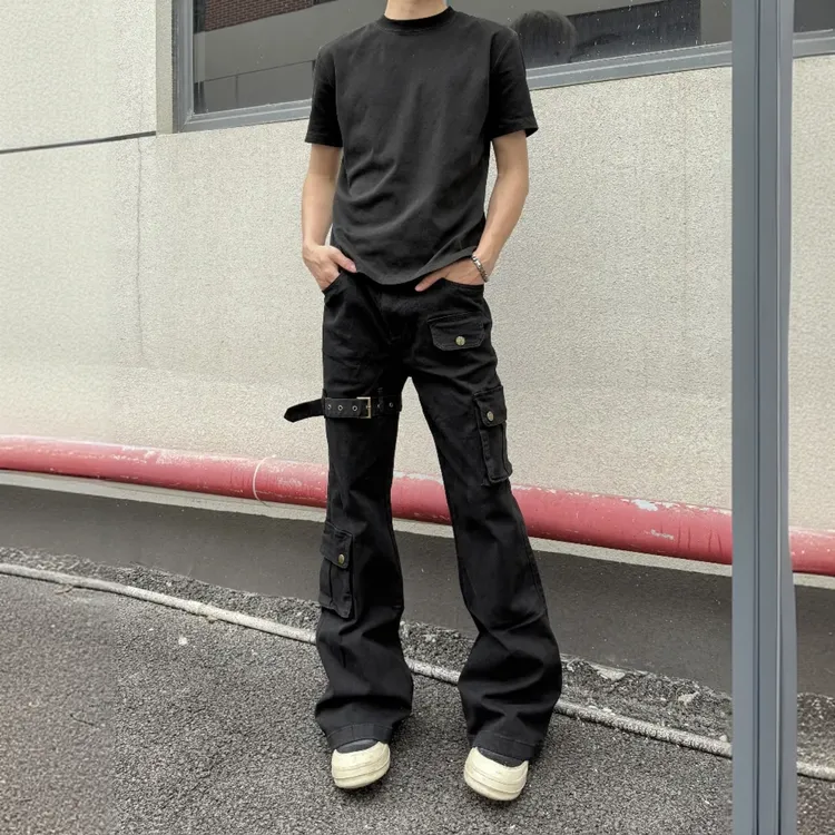 2025新款美式cleanfit巨显瘦微喇长裤设计多口袋工装绑带牛仔长裤