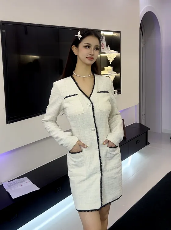 法式气质小香风V领连衣裙女2024秋冬重工高腰显瘦高级感裙子