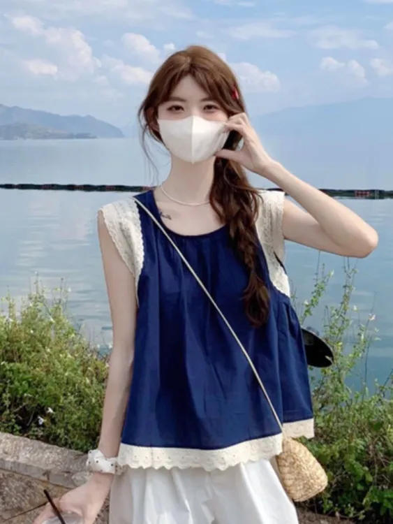 蕾丝花边拼接无袖衬衫女夏季设计感娃娃衫气质甜美小衫假两件上衣