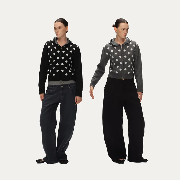 Metaricotta 【波点玩家】波点拼接连帽针织衫外套显瘦短款开衫女