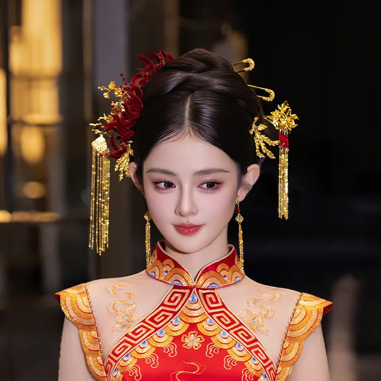 合金婚庆饰品 新娘金色流苏步摇红色绒花秀禾高级感造型发饰G0331