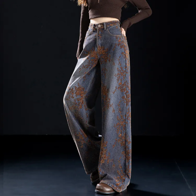 雪尼尔高级感植绒牛仔裤女秋冬咖色阔腿裤老钱风高腰长裤子直筒裤