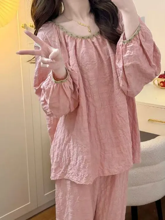 【桃之夭夭】春秋新款国风提花云朵棉少女睡衣套装睡衣长袖长裤
