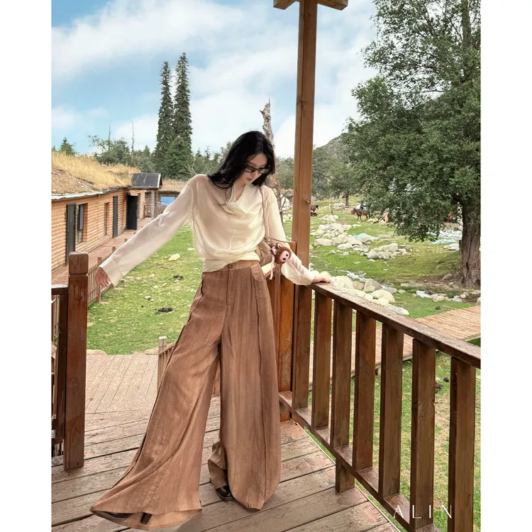 阿琳ALIN【积素】腰带小众荡领衬衫上衣女显瘦褶皱长袖衬衣AL5GBC10