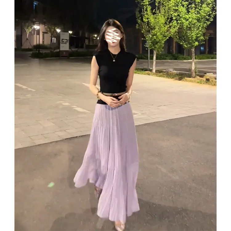 2025夏季新款法式设计感修身圆领无袖上衣气质高腰褶皱A字半身裙