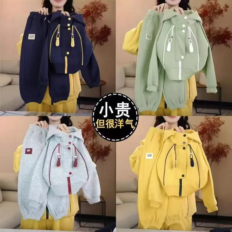 儿童套装2025新款洋气男女宝运动休闲韩版时髦炸街连帽两件套D