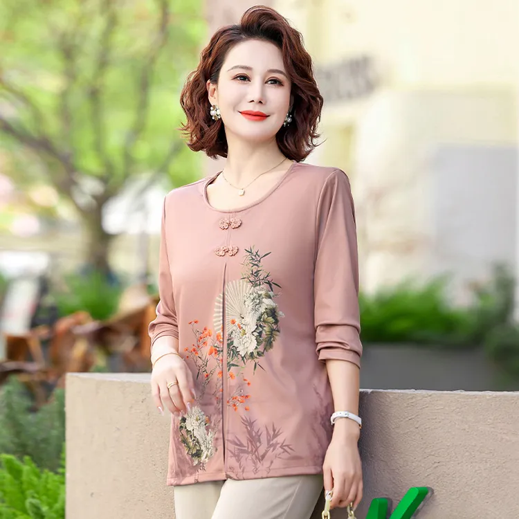 中老年女装春秋装长袖小衫妈妈装显瘦假两件打底衫中式国风T恤衫
