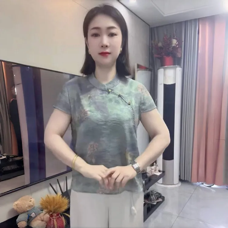 阔太太高端妈妈夏改良旗袍衫中老年气质斜襟小衫素雅时尚宽松上衣