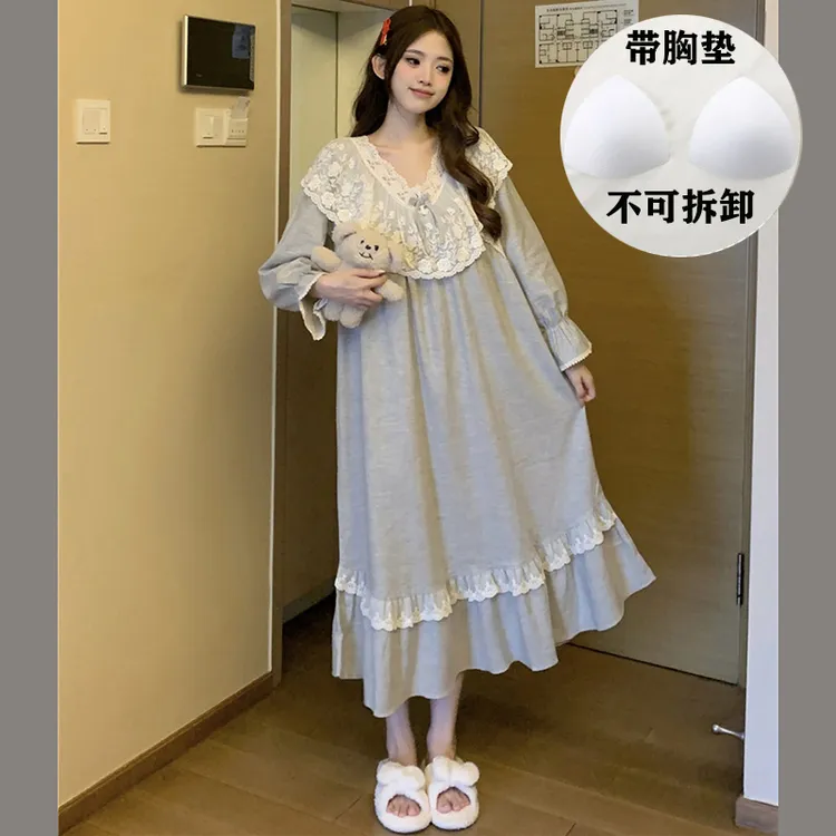 带胸垫睡裙女士长袖春秋季纯棉可外穿睡衣夏天学生连衣裙免穿文胸