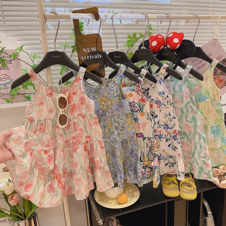 【度假风】儿童棉绸吊带裙女童夏季无袖蛋糕裙洋气碎花女宝连衣裙