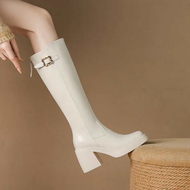 8.5CM韩版风时尚牛皮骑士靴2025秋冬新款方头粗跟不过膝高筒长靴