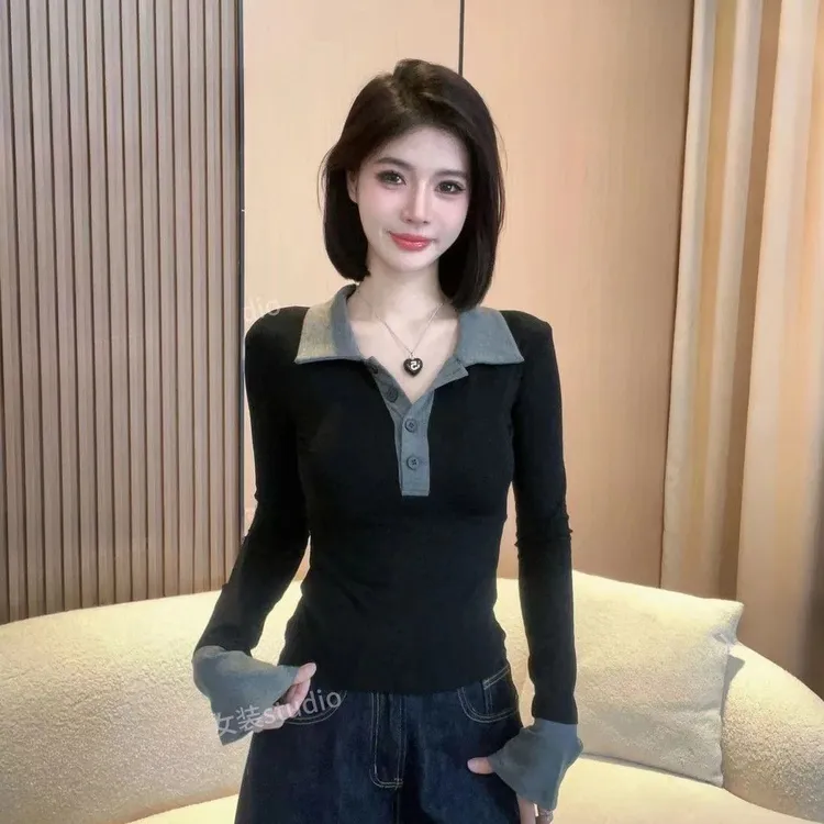 撞色拼接假两件POLO领长袖T恤女2025秋季新款修身显瘦打底衫上衣