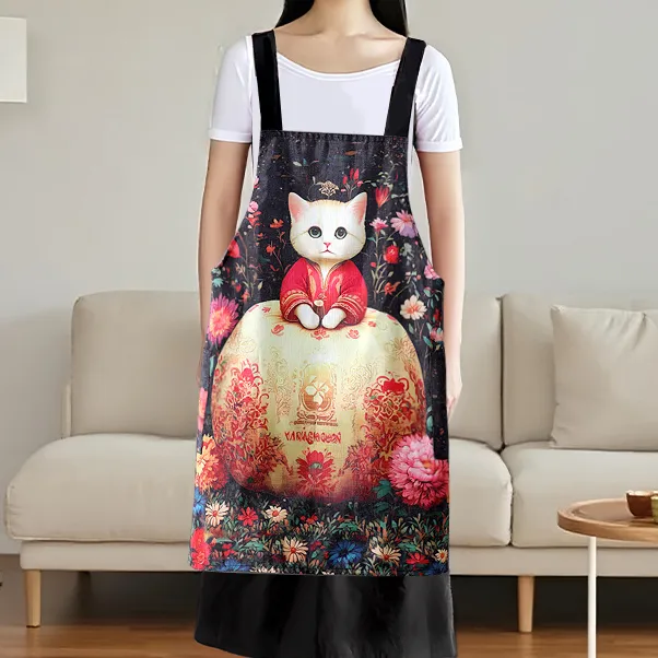 南瓜上的小猫围裙卡通新颖带两个大口袋防油防污耐脏厨房做饭家务