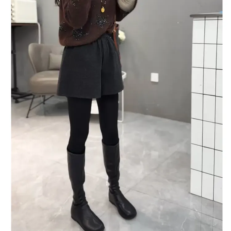 深灰色休闲毛呢阔腿短裤女2025秋冬新款大码洋气百搭显瘦磨毛靴裤