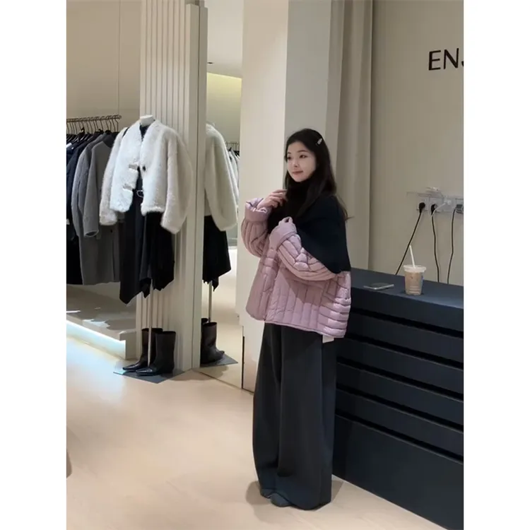 INS CEC秋冬新款韩系穿搭宽松棉服外套上衣直筒阔腿休闲裤套装