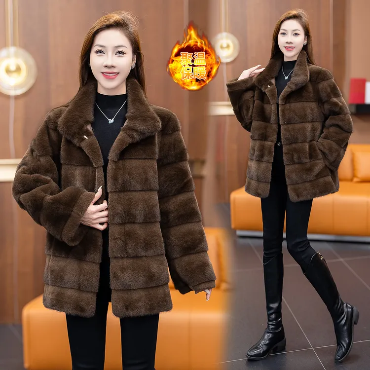 轻奢秋冬高级感中长款毛毛外套立领妈妈装洋气加绒保暖中老年时髦