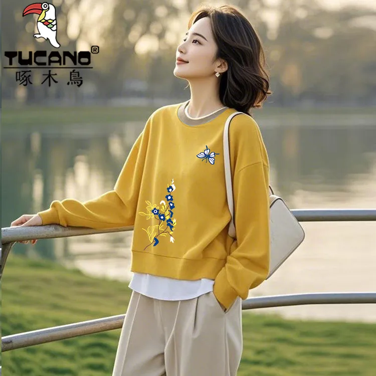 啄木鸟纯棉秋冬假两件套头宽松休闲印花显瘦百搭韩版洋气上衣卫衣