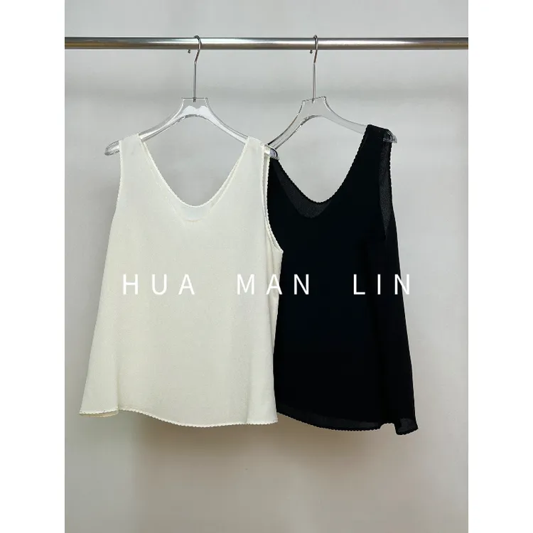 花滿林两色V领牙边鬼绉真丝桑蚕丝背心上衣268254