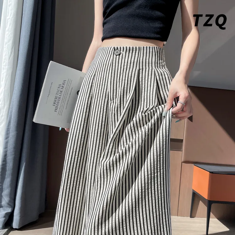 慵懒条纹阔腿裤女夏季薄款小个子高腰休闲裤垂感拖地裤TZQ2551225