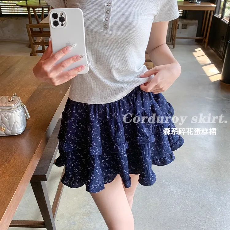 森系藏青色芭蕾风碎花短裙女夏季高腰显瘦遮跨A字休闲蛋糕蓬蓬裙