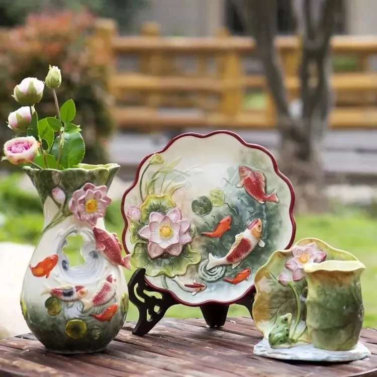 陶瓷花瓶新中式好运连连陶瓷金鱼花瓶创意餐桌摆件客厅玄关插花瓶