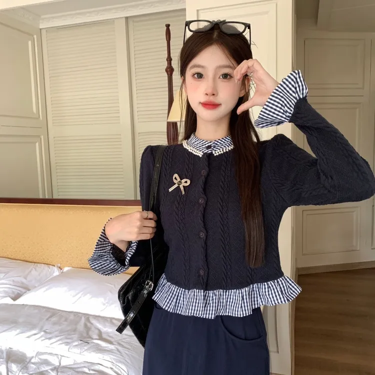 春秋新款很显瘦学院风小众假两件蝴蝶结长袖毛衣+半裙 两件套装