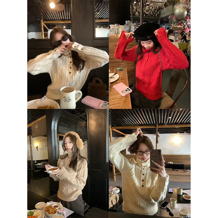 【买买买专属】【雪季情诗】韩系慵懒高领系扣复古绞花绒感显瘦老钱风毛衣