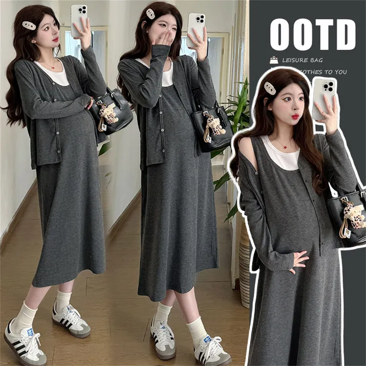 孕妇连衣裙2025新款秋季开衫上衣背心裙子两件套孕妈高级穿搭秋装