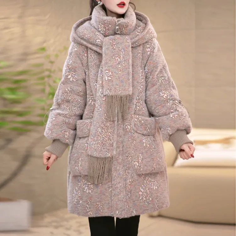 高端时尚显白中长款帽子围巾羽绒服2025冬季新款气质百搭保暖大衣