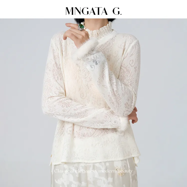 MNGATA G.宫小妍【水貂毛·舒芙蕾】半高领木耳边新中式上衣5102054