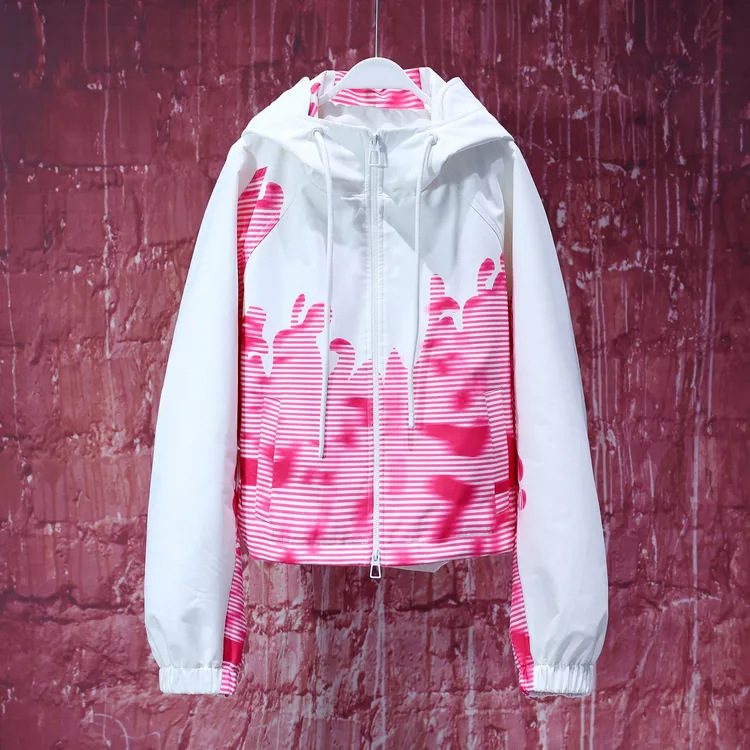 【韩哥女装】白色撞色水印小众设计欧货连帽外套5771A