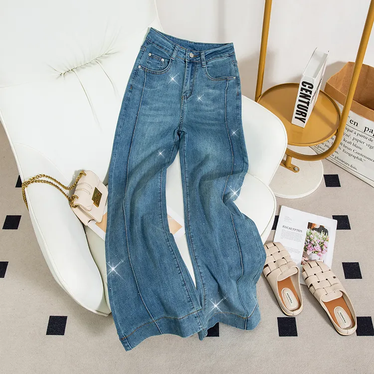烫钻高腰阔腿微喇牛仔裤女春季新款修身宽松显瘦裤子9787