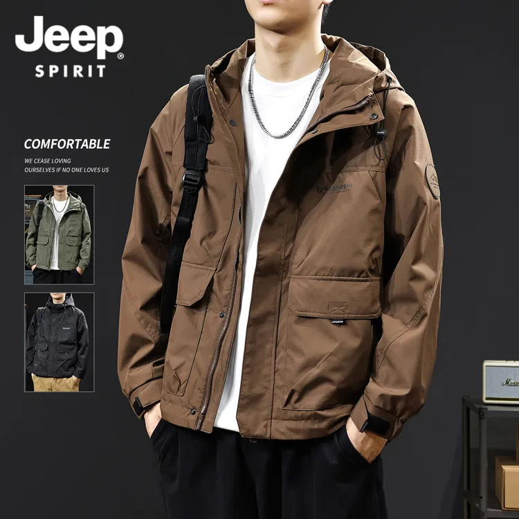 JEEP户外三防冲锋夹克男款2025新款宽松外套春秋冬连帽美式工装