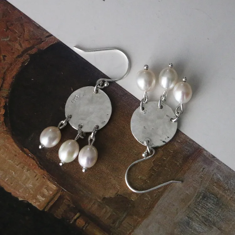 足银仿珍珠耳饰 999纯银手工原创小众设计部落记忆锤纹珍珠耳环