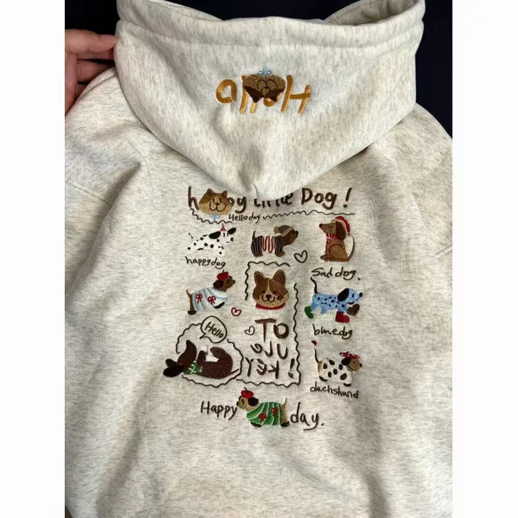 秋冬季加绒腊肠狗刺绣连帽卫衣男女情侣加厚宽松慵懒风外套上衣