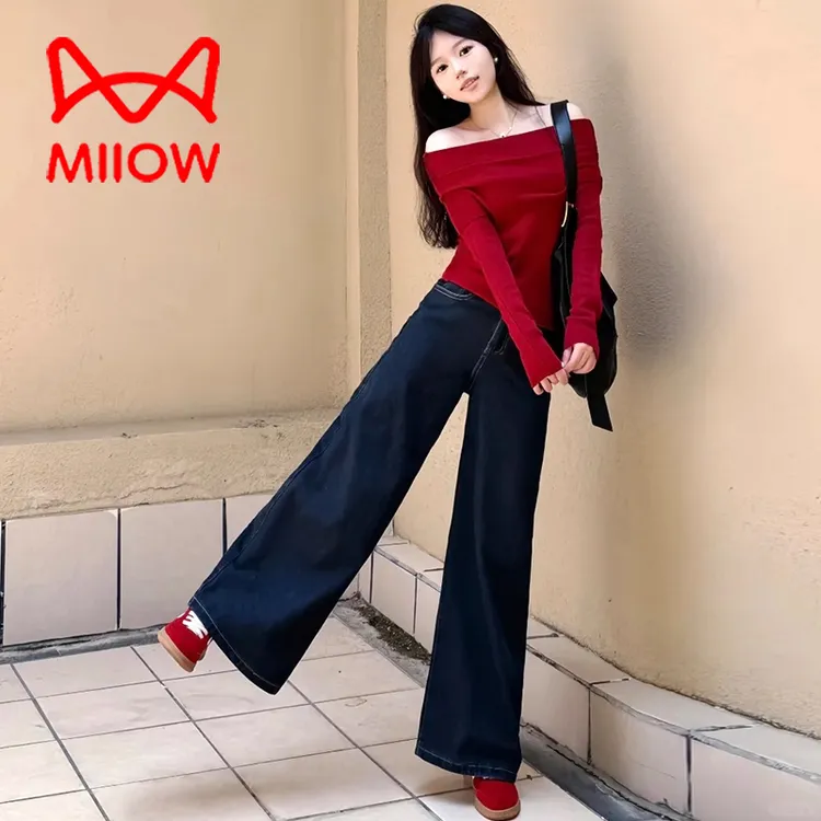 MiiOW/猫人深蓝色美式复古牛仔裤子女秋季2025新款高腰显瘦阔腿裤