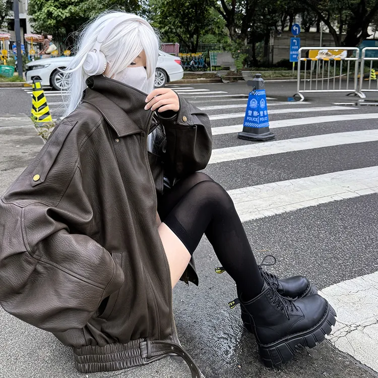 实拍 高级质感设计小众立领皮衣外套机车美式复古休闲夹克外套潮