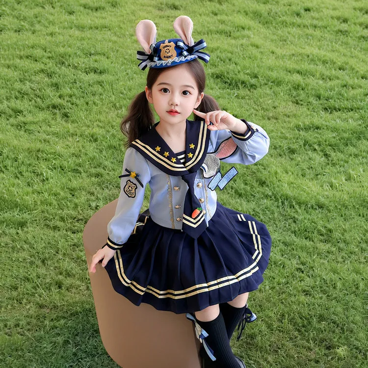 女小童朱迪兔子警官连衣裙套装春秋装宝宝甜美学院风JK裙子两件套