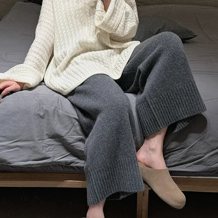 小个子 韩系ins灰色九分羊毛裤女秋冬外穿羊绒裤阔腿休闲裤