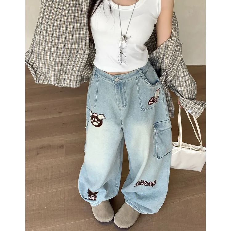 大码美式复古高街多口袋工装牛仔裤女设计感小众宽松阔腿拖地裤子