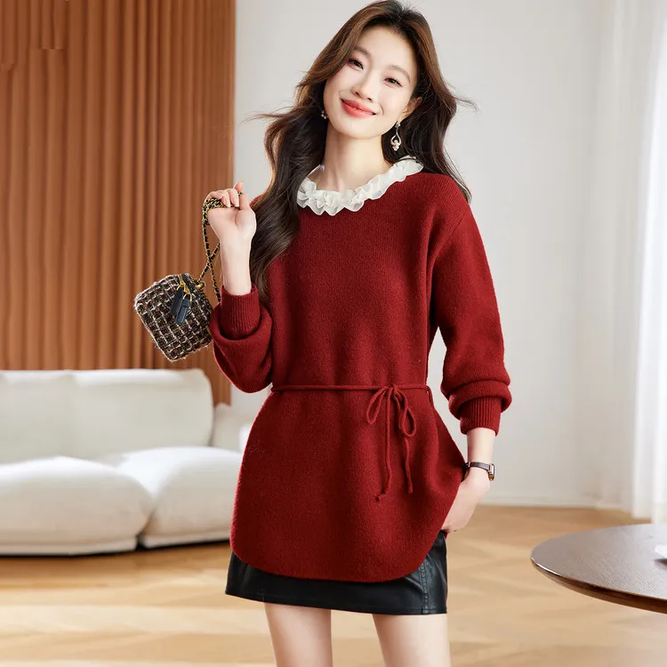 显瘦气质洋气时尚秋冬加厚红色长袖针织中长款打底毛衣女通勤风花