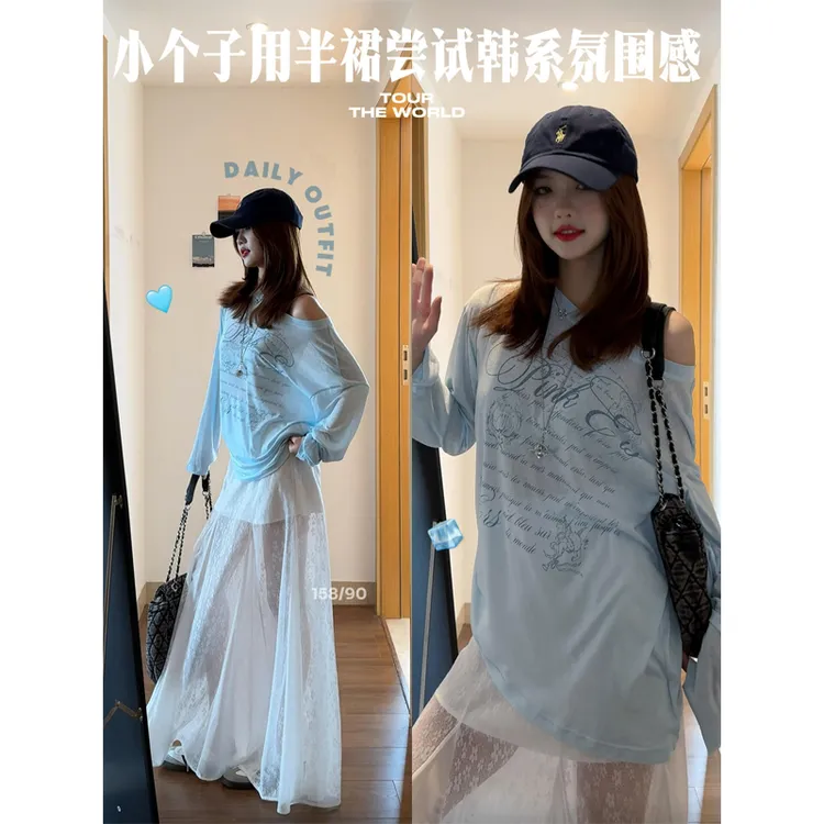 宽松印花微透防晒罩衫薄款斜肩长袖上衣拼接蕾丝半身裙长款大摆裙