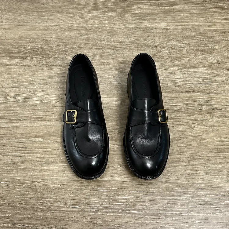 Dannyfrey头层水洗牛皮新款英伦风手工复古皮带扣一脚蹬乐福鞋3CM