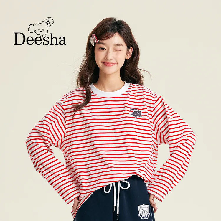 笛莎童装2025秋季女童青少年条纹套头短款宽松长袖T恤-N32530614